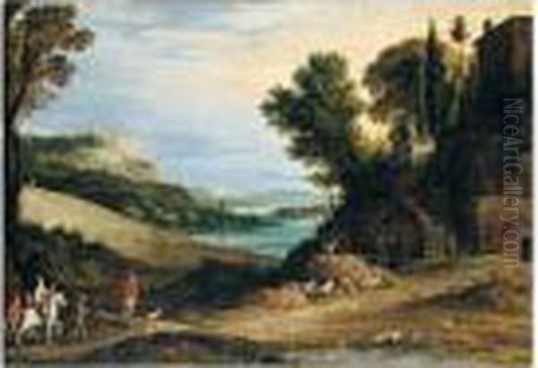 An Italianate Landscape With A 
Hawking Party Approaching A Villa, Other Huntsmen And A Hilltop Town 
Beyond Oil Painting by Paul Bril