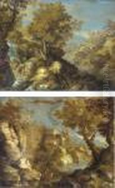 A Wooded River Landscape With A 
Waterfall, A Man Fishing, A Peasant And A Mule On A Bridge Beyond, A 
House In The Distance; And A Wooded River Landscape With Three Men On A 
Boat, A House Beyond Oil Painting by Paul Bril