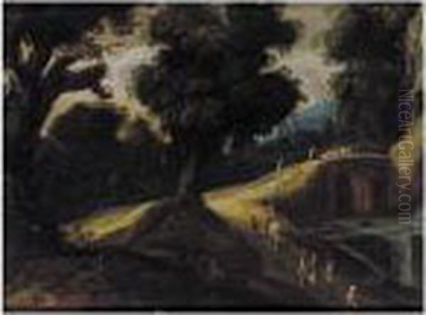 A Wooded Landscape With Figures Beside A River And A Bridge Beyond Oil Painting by Paul Bril