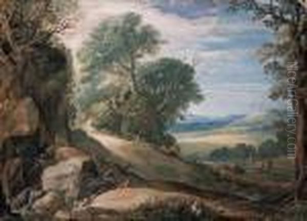 An Italianate Landscape With 
Herdsmen And Cattle By A Stream,buildings In The Hills Beyond Oil Painting by Paul Bril