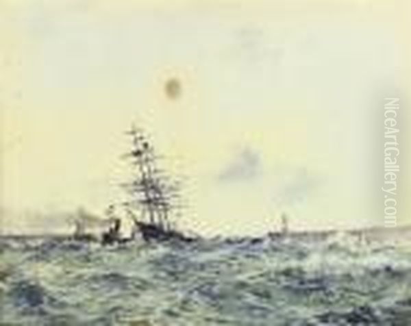 A French Three-master Under Tow At The Entrance To Dunkerqueharbour Oil Painting by Arthur John Trevor Briscoe