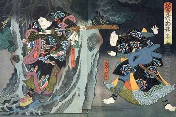 Actors in the roles of Ettyujiro and Kagekiyo in Soga Monogatari Oil Painting by Utagawa Hirosada