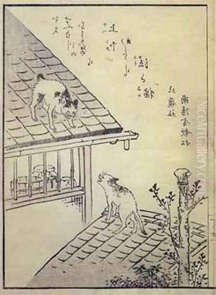 Two Cats on Roofs Oil Painting by M. Hanzan