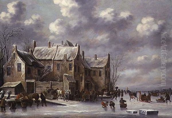 Winter Scene with View at Medemblik Oil Painting by Thomas Heeremans
