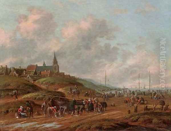 A view of the beach at Egmond aan Zee with fisherman selling their catch Oil Painting by Thomas Heeremans