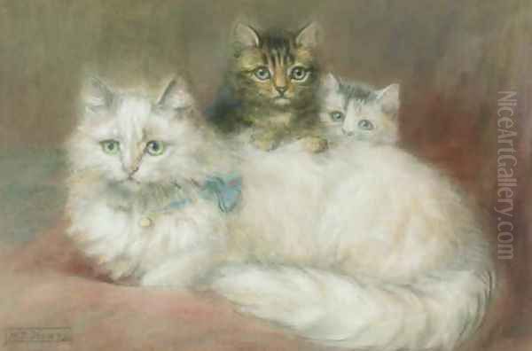 A Persian Cat and her kittens Oil Painting by Maud D. Heaps