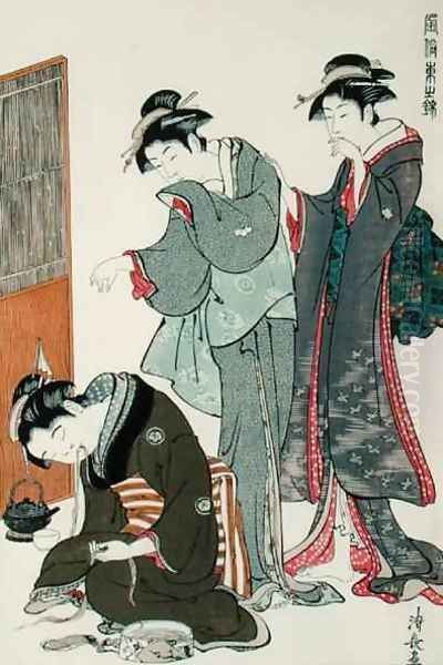 Dozing Tea Seller Oil Painting by Utagawa or Ando Hiroshige