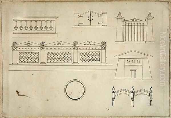 Designs for Gates Walls and Balustrade from Twenty one pen drawings of Decorative Details in Antique Style Oil Painting by Thomas Hope