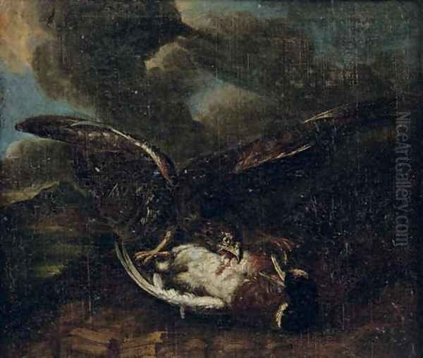 A bird of prey attacking a duck Oil Painting by Abraham Danielsz. Hondius