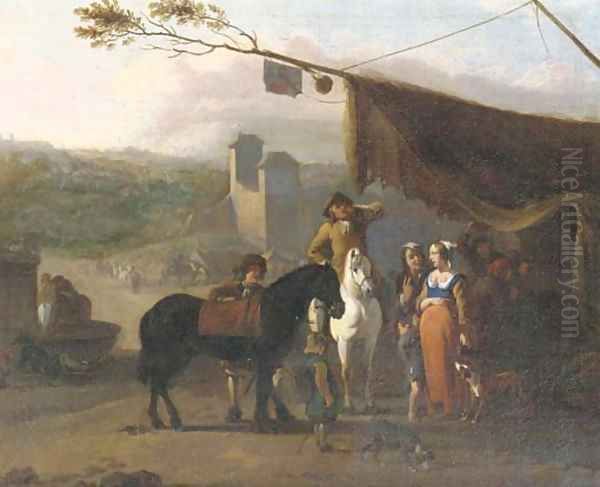 Travellers on horseback taking refreshments at an encampment near a fortified town, a water-basin with horses drinking nearby Oil Painting by or Huchtenburgh, Jan van Huchtenberg