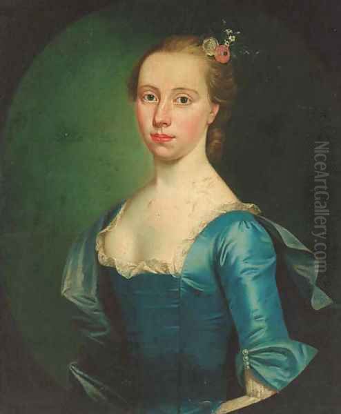 Portrait of Anne Evans Vowell (b.1720), nee Hamilton, in a blue dress with lace collar and blue wrap, feigned oval Oil Painting by William Hoare Of Bath
