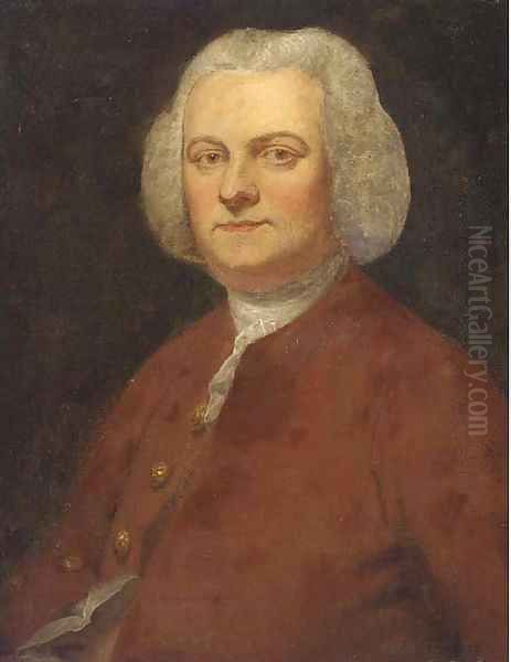 Portrait of a gentleman, quarter-length, in a brown coat and white stock Oil Painting by William Hoare Of Bath