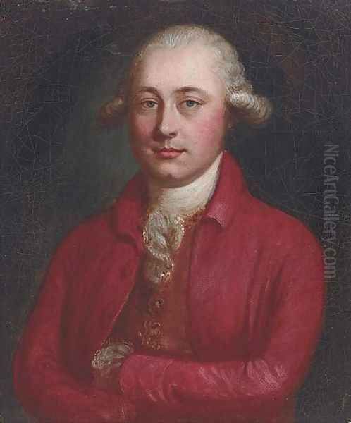 Portrait of a gentleman, small bust-length, in a red jacket and brown waistcoat Oil Painting by William Hoare Of Bath