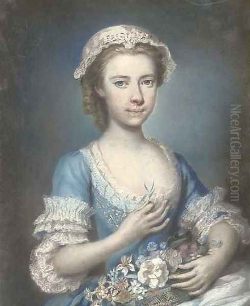 Portrait of a young lady, half-length, holding a bouquet of flowers Oil Painting by William Hoare Of Bath