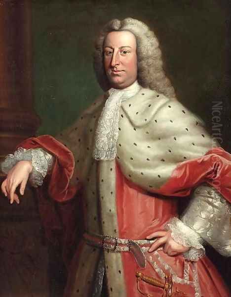 Portrait of a gentleman, said to be Henry Tenth, Lord Teynham, three-quarter length, in a red velvet and fur cloak and a wig Oil Painting by William Hoare Of Bath