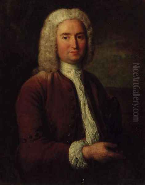 Portrait of a gentleman, three-quarter-length, in a brown coat and waistcoat, a tricorn under his left arm, in a landscape Oil Painting by William Hoare Of Bath