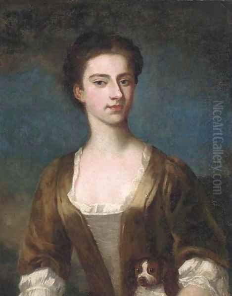 Portrait of Elizabeth Warburton, bust-length, in a brown dress with lace trim Oil Painting by William Hoare Of Bath