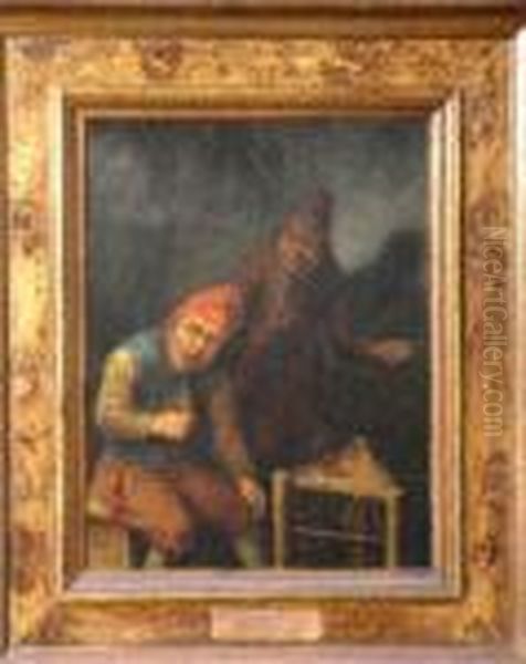 Two Drinkers At A Table Oil Painting by Adriaen Brouwer