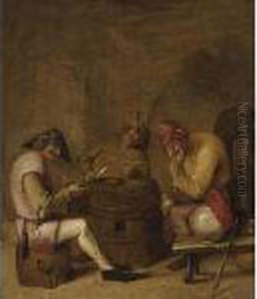Three Merry Peasants Smoking In An Interior With Another Man Nearby Oil Painting by Adriaen Brouwer
