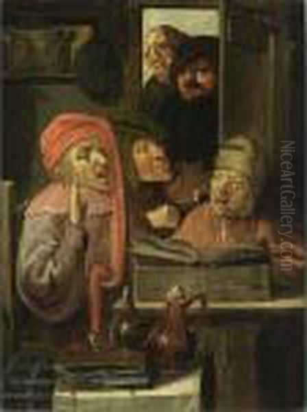 Three Men In An Interior Singing
 And Playing The Violin, With Two Others Watching Through A Doorway Oil Painting by Adriaen Brouwer