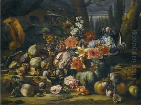 A Still Life With Flowers In A 
Silver Fruit Dish, Melons, Peaches,apples, Plums, Roses And Figs On A 
Rocky Bank Oil Painting by Abraham Brueghel
