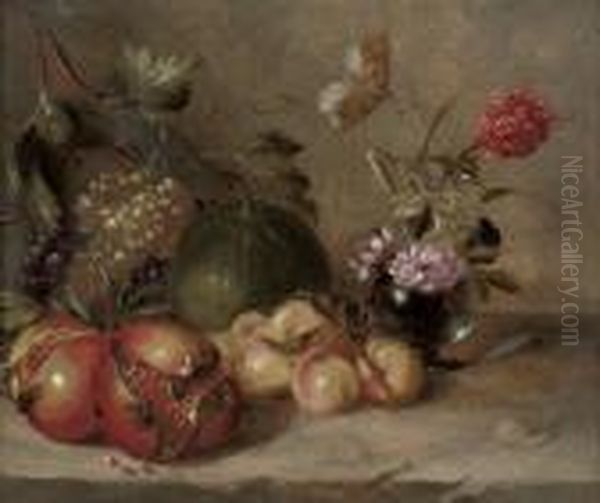 Pomegranates, Grapes, Peaches 
And A Melon, With Peonies In A Glass Vase On A Stone Ledge, With A 
Butterfly And A Snail Oil Painting by Abraham Brueghel