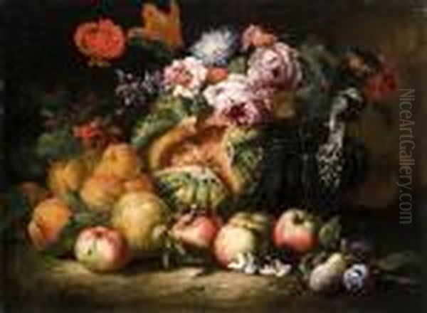Rose, Altri Fiori, Mele, Un 
Limone, Una Zucca E Altri Frutti Su Un Piano Di Pietra, Con Un Vaso 
D'argento Ornato Da Un Mascherone Oil Painting by Abraham Brueghel