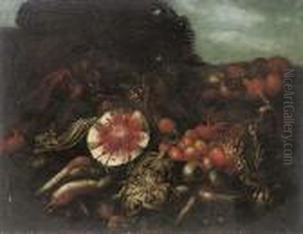 A Watermelon, Cabbages, 
Radishes, Peaches And Other Fruits And Vegetables, In A Landscape Oil Painting by Abraham Brueghel