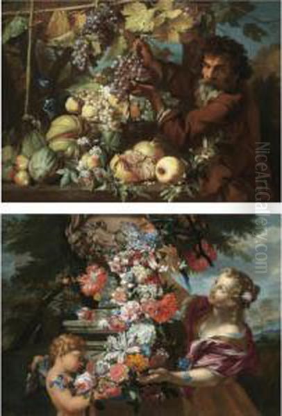 A Still Life With A Girl And 
Putto Adorning A Sculpted Urn With A Garland Of Flowers (spring); A 
Still Life Of Pomegranates, Melons, Pears, Plums And Morning Glory, With
 A Gardener Picking Grapes From A Vine (autumn) Oil Painting by Abraham Brueghel