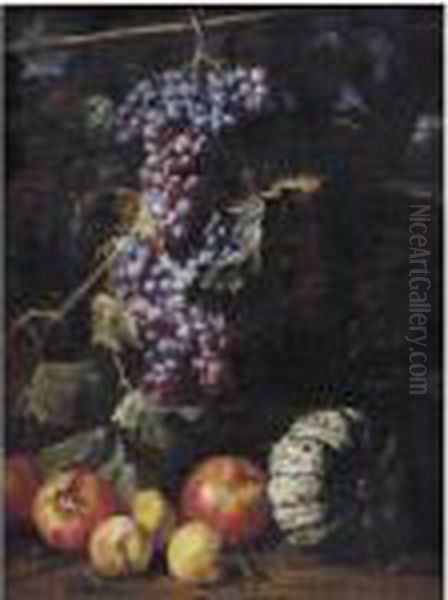 Still Life Of A Bunch Of Grapes 
Hanging From A Twig, Pomegranates, Peaches, A Melon And A Salamander, 
All In A Landscape Oil Painting by Abraham Brueghel