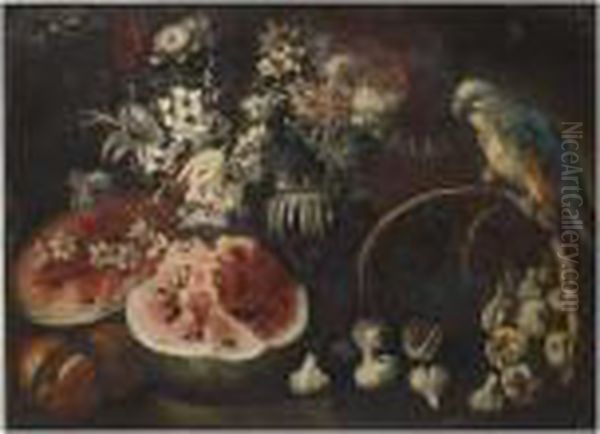 A Still Life With A Watermelon 
And Pomme Granates On A Wooden Table, A Vase With Tulips, Daffodils And 
Other Flowers And A Parrot On A Fallen Basket With Figs Oil Painting by Abraham Brueghel