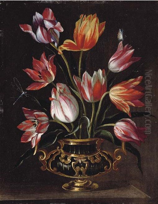 Parrot Tulips In An Urn With A Dragonfly And A Butterfly On A Stone Ledge Oil Painting by Abraham Brueghel