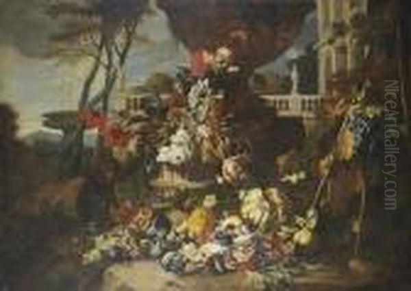 A Sculpted Urn With Tulips, 
Carnations, Morning Glory And Other Flowers With Pommegranates, Melons, 
Figs And Grapes, A Lizard And A Monkey On A Bank Before A Terrace, A 
Fountain Beyond Oil Painting by Abraham Brueghel