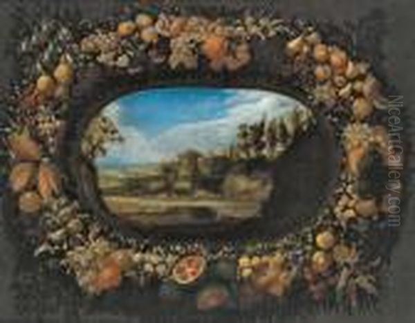 Paesaggio Meridionale Con Una 
Torre Visto Attraverso Una Finestra Ovale Circondata Da Una Corona Di 
Frutti Oil Painting by Abraham Brueghel