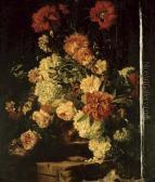 Peonies, Roses, Hydrangea, 
Carnations And Irises In A Sculpted Terracotta Urn On A Stone Ledge Oil Painting by Abraham Brueghel