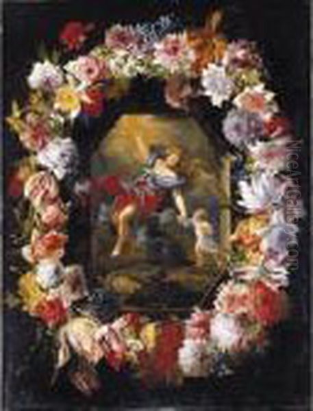 A Garland Of Flowers Surrounding A Scene Of The Guardian Angel Oil Painting by Abraham Brueghel