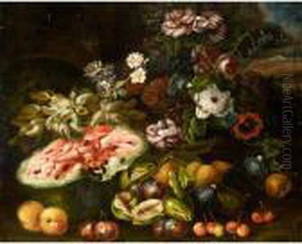 Still Life Life With Grapes, A 
Melon, Figs, Plums, Peaches And Various Flowers In A Landscape Oil Painting by Abraham Brueghel