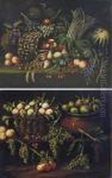 Apples, Pears, Plums, A Melon, 
Peaches, Cherries And Grapes With Anupturned Basket And A Earthenware 
Jug On A Ledge; And Peaches In Abasket, Pears In An Earthenware Pot, 
Grapes, Cherries And Otherfruit On A Ledge Oil Painting by Abraham Brueghel