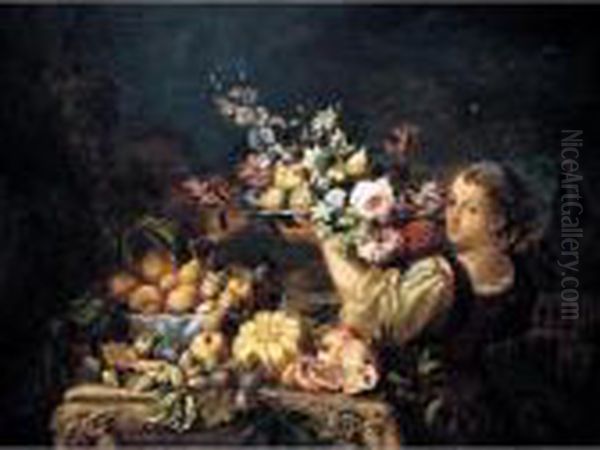 A Still Life Of A Melon, Open 
Pomegranates, Plums, Figs, Peaches And Pears On A Carved Stone Table, 
With A Girl Supporting A Bowl Of Figs And Flowers To The Right Oil Painting by Abraham Brueghel