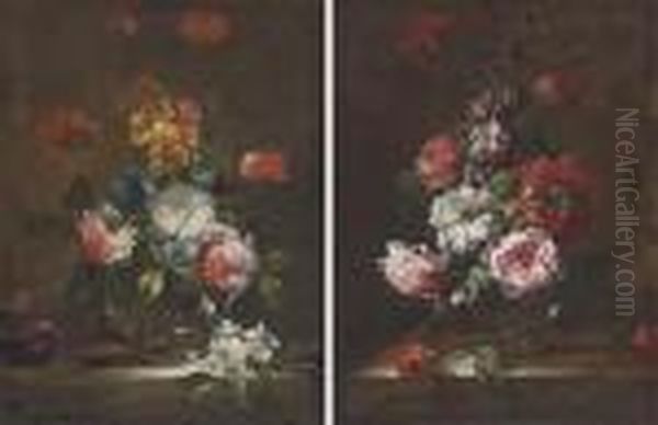 Poppies, Roses And Other Flowers
 In A Glass Vase On A Stone Ledge;and Marigolds, Roses And Other Flowers
 In A Glass Vase On A Stoneledge Oil Painting by Abraham Brueghel