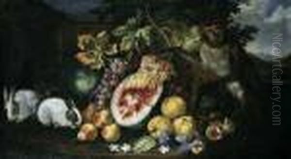 Brueghel, Abraham (1631 
Antwerpen - Um 1690 Antwerpen), Umkreis Fruchtestilleben Mit Hasen Und 
Einer Meerkatze. Ol Auf Leinwand. H 69; B 124 Cm. Oil Painting by Abraham Brueghel