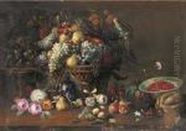 Pears, Grapes, Plums, Apricots 
And Other Fruit And A Parrot In Abasket, Figs On A Silver Tazza, 
Cherries In A Porcelain Bowl Withother Fruit And Flowers On A Wooden 
Ledge Oil Painting by Abraham Brueghel
