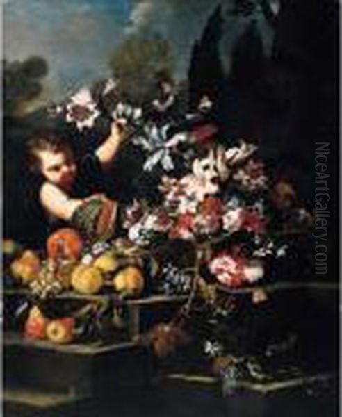 A Young Boy Arranging Flowers In
 An Urn With Peaches, Pears, Grapes, A Pomegranate And A Melon On A 
Stone Steps In A Garden Oil Painting by Abraham Brueghel