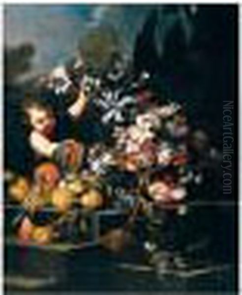 A Young Boy Arranging Flowers In
 An Urn With Peaches, Pears, Grapes, A Pomegranate And A Melon On Stone 
Steps In A Garden. Oil Painting by Abraham Brueghel