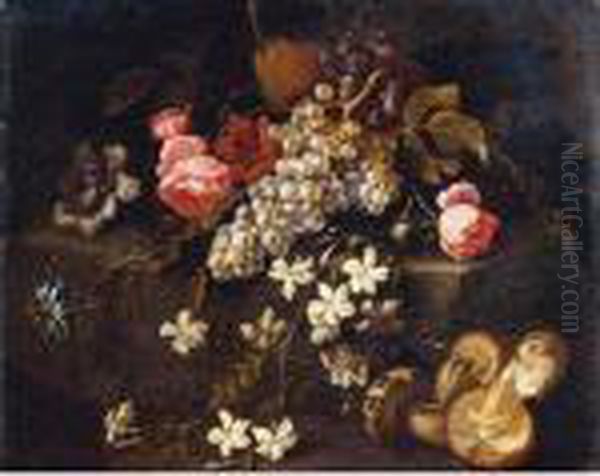 Still Life Of Fruit And Flowers 
Resting On A Stone Ledge With Mushrooms In The Foreground Oil Painting by Abraham Brueghel