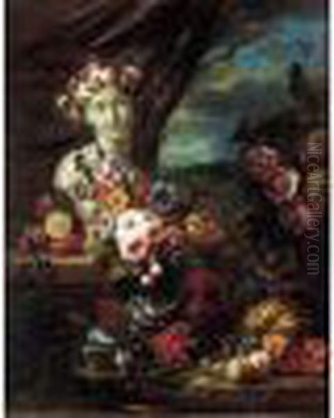 Nature Morte De Fruits Et De Fleurs Decorant Un Buste De Flore Dans Un Paysage Oil Painting by Abraham Brueghel