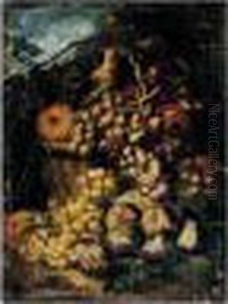 Still Life Of Red Grapes, A 
Melon And Apples In A Wicker Basket, With Figs And White Grapes, 
Together With A Song Bird, In A Landscape Setting Oil Painting by Abraham Brueghel