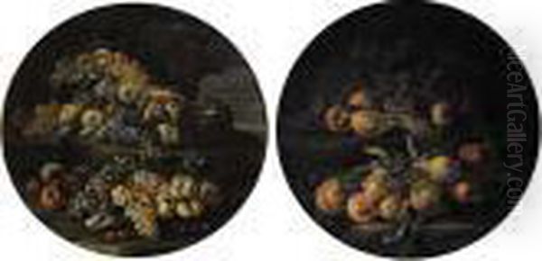 Grapes, Lemons, Oranges, Pears, 
Cherries, Peaches And Melons On Stone Ledges In Landscapes Oil Painting by Abraham Brueghel