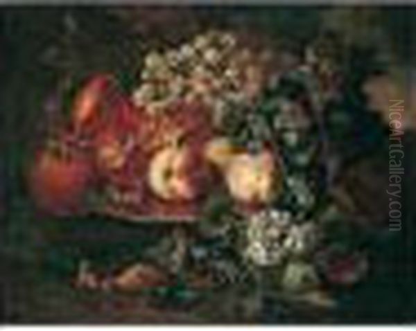 Still Life Of Peaches, 
Pomegranates And Grapes Upon A Pewter Plate, Together With Figs And 
Roses Oil Painting by Abraham Brueghel