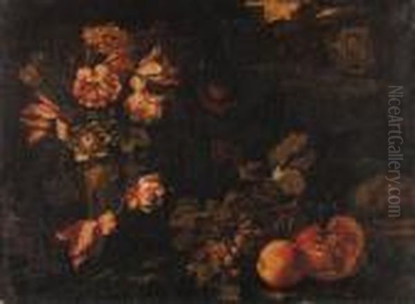 Tulips, Narcissi, Marigolds And 
Other Flowers In An Urn, Withgrapes, A Pomegranate, An Apple And Other 
Fruit On A Ledge, Anornamental Garden Beyond; And Grapes, Pomegranates, A
 Slicedwatermelon, Figs, Apples And Other Fruit On A Forest Floor 
Besid Oil Painting by Abraham Brueghel